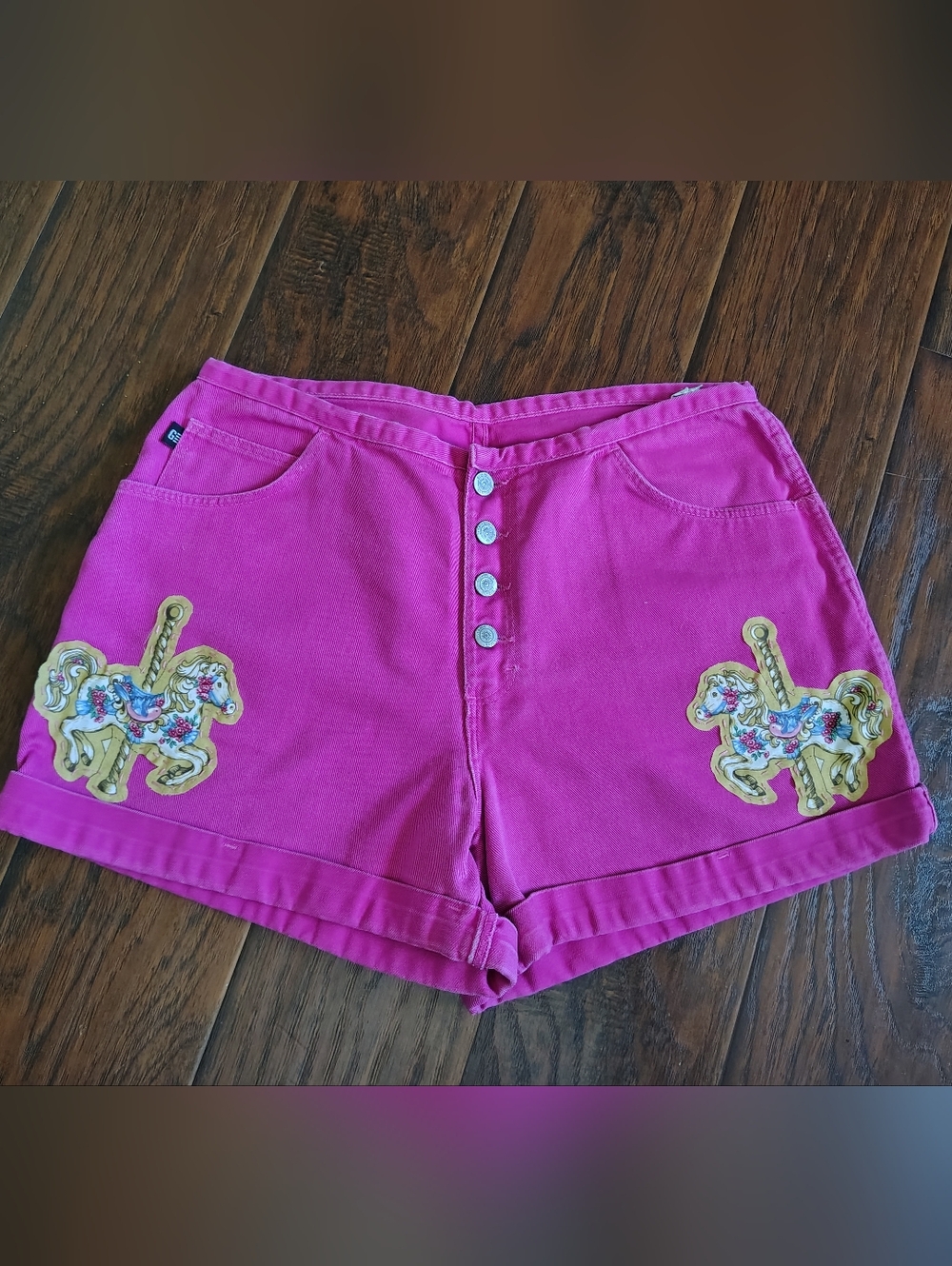 Custom vintage Gitano x carousel horse pink denim button fly shorts Size M-L